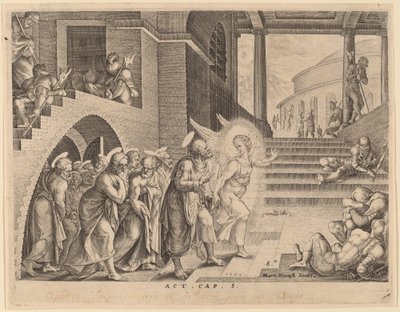 Apostlene udfriet fra fængslet af en engel af Philip Galle after Maerten van Heemskerck