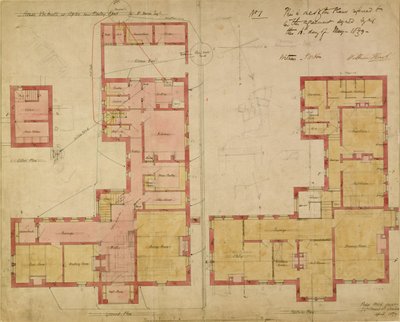 Planer for det røde hus, Bexley Heath, 1859 (pen og blæk og wc på papir) af Philip Webb