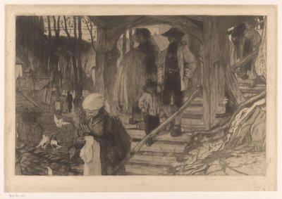 Bønder går ned ad en trappe Baptême à Fribourg (original titel) af Philip Zilcken (signed by artist)