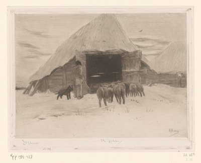 Hyrde fører en flok får ind i en lade Grange dans la neige (original titel) af Philip Zilcken (signed by artist)