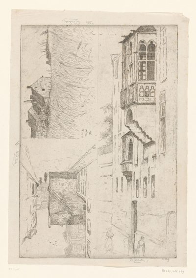 Hvedemark med huse og to udsigter til huse i en by Et Blight hul; Champ de Blé / Rue Haute / Etude de la bretêche de l