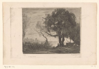Landskab med en fløjtespiller under et træ og en silhuet af en by Soir (original titel) af Philip Zilcken (signed by artist)