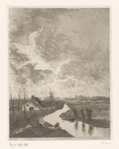 Englandskab med grøft, gård og møller Environs de La Haye (original titel) af Philip Zilcken (signed by artist)
