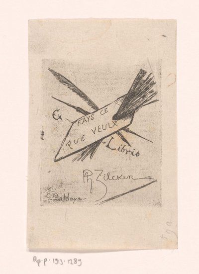 Ex libris med kuglepenne, pensler og palet af Philip Zilcken