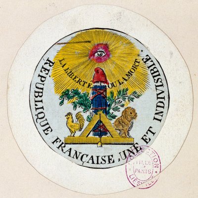 Franske revolution: segl dekorerer symboler for republikken og for frimagerindustrien. Gravering af Philippe Auguste Hennequin (1762-1833) 1792 Paris. Carnavalet Museum af Philippe Auguste Hennequin