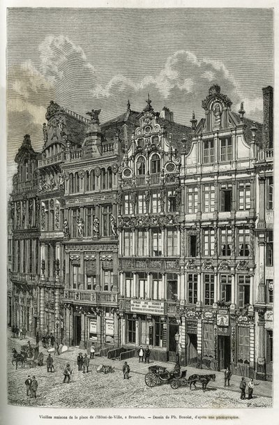 Gamle huse på rådhuspladsen i Bruxelles. Indgravering af Ph. Benoist, for at illustrere historien om Belgien af Camille Lemonnier, udgivet i tour du monde under ledelse af Edouard Charton (1807-1890), Paris af Philippe Benoist
