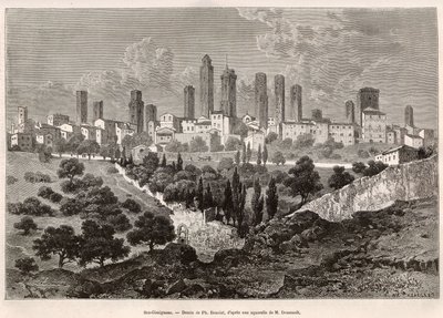 Udsigt over San Gimignano (Toscana, Italien). Gravering efter tegning af Ph. Benoist, til illustration af Francis Weys rejse til Toscana og Umbrien i 1875, offentliggjort i "Le tour du monde" 1876, redigeret af Edouard Charton, Hachette edition, Paris. Sel af Philippe Benoist