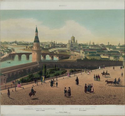 Udsigt over Frelserens katedral og Moskva Kreml fra en panoramaudsigt over Moskva i 10 dele, ca 1848 af Philippe Benoist
