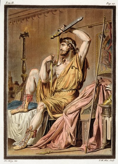 Agamemnon, kostume til "Iphigenia in Aulis" af Jean Racine, fra bind II af "Research on the Costumes and Theatre of All Nations", graveret af Pierre Michel Alix (1762-1817) 1802 (farvestik) af Philippe Chery