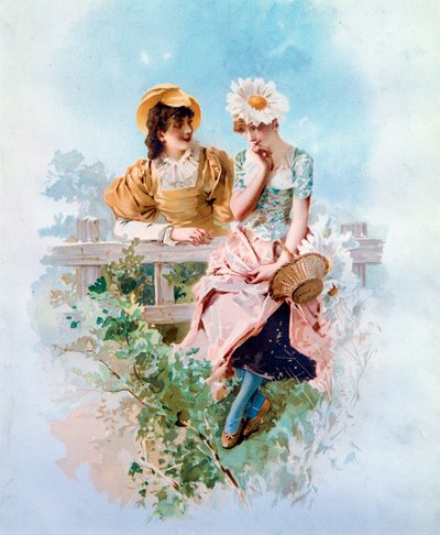 Tillid To unge piger hvisker hemmeligheder. Litografi af Philippe Jacques Linder (1835-?) 1800-tallets privatsamling af Philippe Jacques Linder
