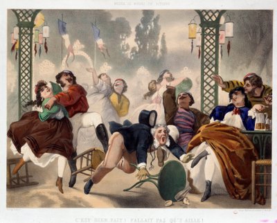 Kasinoet i Asnieres Det er godt gået, det behøvede ikke at gå derhen”” Populær underholdningsscene, en mand får fod i en skammel og falder midt på dansegulvet. Litografi af Philippe Jacques Linder (1835-?). Serie Musee de Moeurs et d