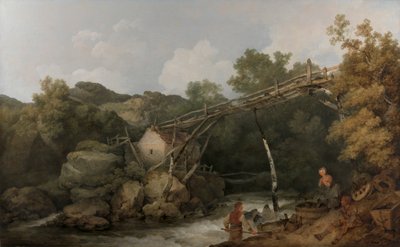 En udsigt nær Matlock, Derbyshire med figurer, der arbejder under en trætransportør af Philippe Jacques de Loutherbourg