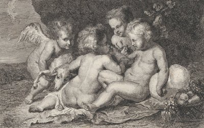 En gruppe på tre børn og en putto med frugt og et lam, ca. 1760-1801. af Philippe Lambert Joseph Spruyt