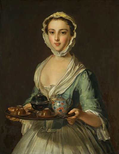 En ung kvinde holder en tebakke muligvis Hannah, kunstnerens stuepige. af Philippe Mercier