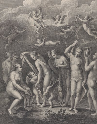 Hera, Afrodite og Athena forbereder sig til skønhedskonkurrencen før P..., ca. 1729-40. af Philippe Simonneau