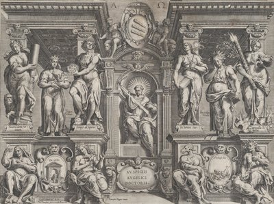 Allegorisk afhandlingstryk med forskellige figurer, sat i en arkitektonisk struktur, 1608. af Philippe Thomassin