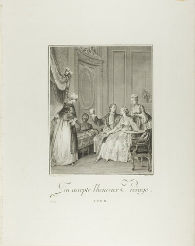 Jeg accepterer det glade varsel, fra Monument du Costume Physique et Moral de la fin du Dix-huitième siècle af Philippe Triere