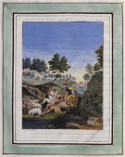 Daphnis og Chloe befrier Dorcon fra deres hunde. Tegning af Philippe d