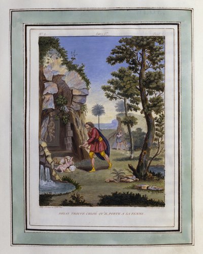 Dryas finder Chloe og bærer hende hen til sin kone. Tegning af Philippe d