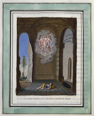 Nymferne lover Daphnis, at Chloe kommer tilbage. Tegning af Philippe d