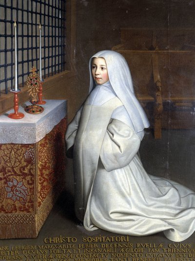 Portræt af Marguerite Périer, indsat i klostret Port Royal des Champs (Port-Royal-des-Champs) og niece af Pascal ("" Til Kristus Frelseren: Marguerite Périer, en 10-årig pige, hvis venstre øje blev helbredt i kontakt med den opkvikkende torn”) - O af Philippe de (attr. to) Champaigne