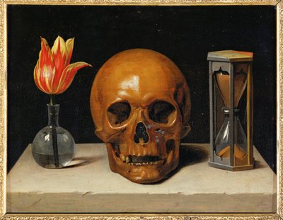 Vanitas, allegori over den flygtige tid med kranium og timeglas (olie på lærred) af Philippe de Champaigne