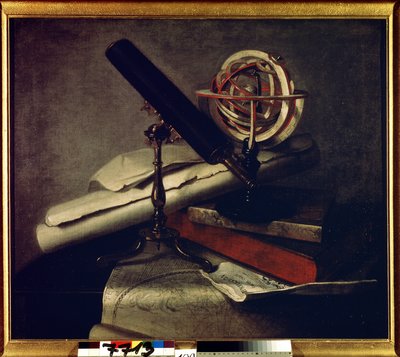 Astronomiske instrumenter. (Astronomiske redskaber). Stilleben med astronomisk teleskop (teleskop), himmelglobe og himmelkort. Maleri af Philippe de La Hyre (1640-1718). Fransk kunst, barokstil. Olie på lærred. Tsarskoye Selo Museum, Saint P af Philippe de la Hire