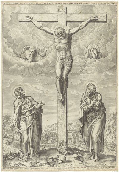 Kristus på korset flankeret af Maria og Johannes i et landskab af Philippe de Soye