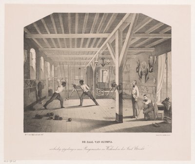 Udsigt i elevfirmaet Olympias fægte- og gymnastiksal The Hall of Olympia (titel på objekt) af Philippus Anthonius Alexander Kanne