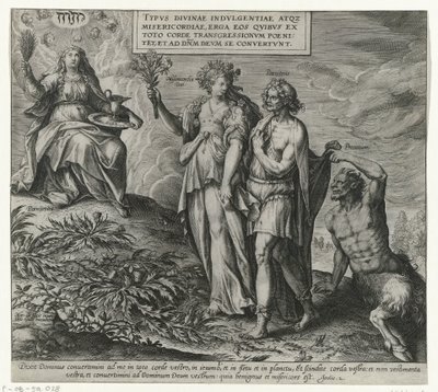 Allegorie over boetedoening en berouw Boetedoening en berouw in het Oude Testament en het Nieuwe Testament (serietitel) Typen af ​​guddommelig indvlgence og barmhjertighed over for dem, der af hele deres hjerte omvender sig fra deres overtrædelse og vender af Philips Galle (attributed to workshop of)