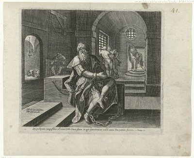 Koning Manasse i fængsel Boetedoening en berouw in het Oude Testament en het Nieuwe Testament (serietitel) En form for guddommelig eftergivenhed og barmhjertighed over for dem, der omvender sig fra deres overtrædelser af hele deres hjerte og vender sig til af Philips Galle (attributed to workshop of)