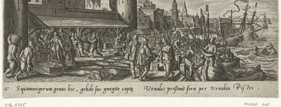 Vismarkt Jacht en visvangst (serietitel) Jagt-, fiskeri- og jagttyper (serietitel) af Philips Galle (attributed to workshop of)