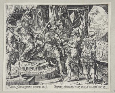 Achior bønfalder Holofernes for israelitterne af Philips Galle