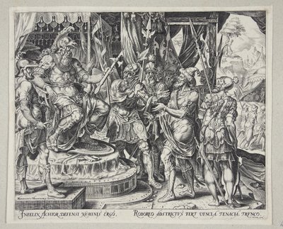 Achior bønfalder Holofernes for israelitterne af Philips Galle