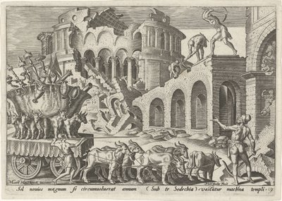 Kaldæerne plyndrer Jerusalems tempel The Days of Doom of the Jewish People (serietitel) af Philips Galle