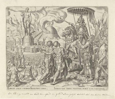 En rasende Nebukadnezar beordrer Shadrak, Meshak og Abednego, der skal bringes til ham Historien om Shadrak, Meshak og Abednego (serietitel) af Philips Galle