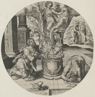 En engel dukker op i flammerne af Philips Galle