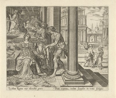 Ester hører fra sine tjenestepiger, at Mordokaj har sørgetøj på History of Esther (serietitel) af Philips Galle