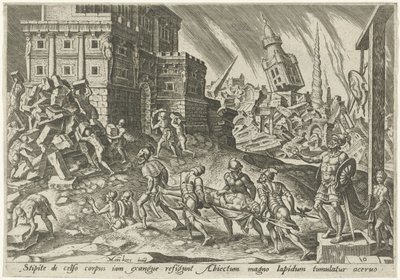 Liget af kongen af ​​Ai føres til byporten The Days of Doom of the Jewish People (serietitel) af Philips Galle
