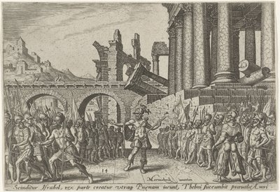 Israels folk delte sig mellem Tibni og Omri The Days of Doom of the Jewish People (serietitel) af Philips Galle