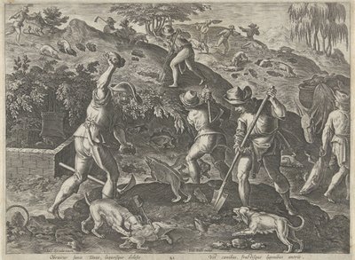 Jacht op dassen Jachttaferelen (serietitel) hvor enhver slags jagt, fuglefangst og fiskeri (serietitel) af Philips Galle