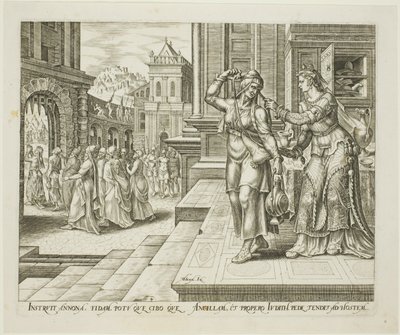 Judith forbereder sig på at tage til fjendernes lejr, planche fire fra The Story of Judith and Holofernes af Philips Galle