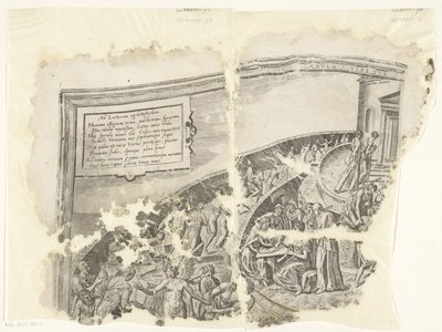 Øverste venstre hjørne af et print af scenen af ​​Cebes Tabula Cebetis Carta Vitae (titel på objekt) af Philips Galle