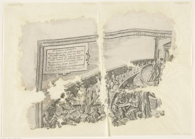 Øverste venstre hjørne af et print af scenen af ​​Cebes Tabula Cebetis Carta Vitae (titel på objekt) af Philips Galle