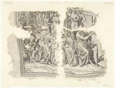 Nederste venstre hjørne af et print af scenen af ​​Cebes Tabula Cebetis Carta Vitae (original titel) af Philips Galle