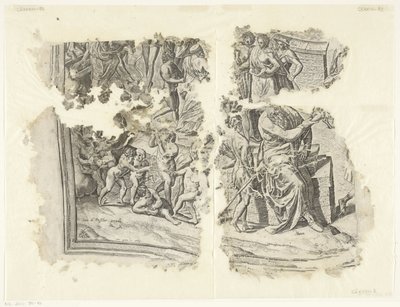 Nederste venstre hjørne af et print af scenen af ​​Cebes Tabula Cebetis Carta Vitae (original titel) af Philips Galle