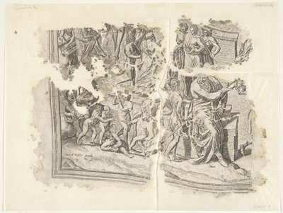 Nederste venstre hjørne af et print af scenen af ​​Cebes Tabula Cebetis Carta Vitae (original titel) af Philips Galle