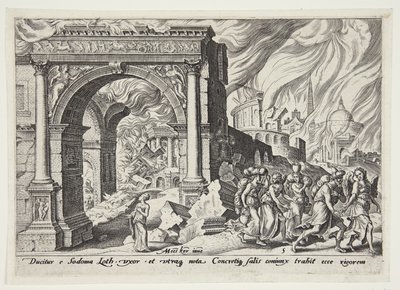 Lot og hans familie forlader det brændende Sodoma af Philips Galle