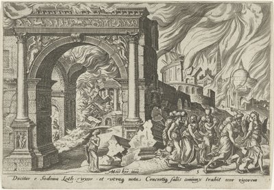 Loth og hans familie forlader byen Sodoma The Days of Doom of the Jewish People (serietitel) af Philips Galle