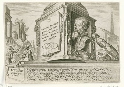 Portræt af Maarten van Heemskerck på piedestalen af ​​en søjle The Days of Doom of the Jewish People (serietitel) af Philips Galle